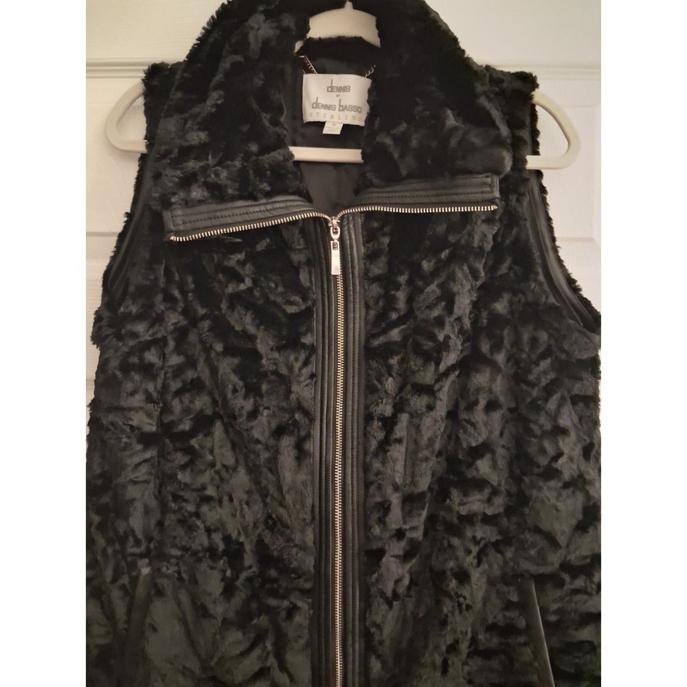 Dennis Basso Faux Fur Jacket Vest Zip-Off Leather Sleeves Black Statement Glam - Picture 10 of 16